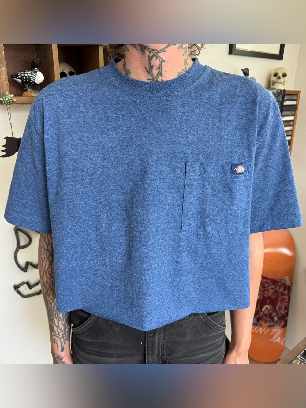 Dickies Heather Blue Cropped Boxy Pocket Tee ~ Size Medium